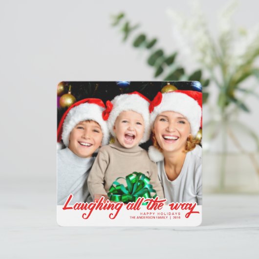 Kerst Lachende Hand Script Full-Bleed Foto Feestdagenkaart (Staand voorkant)