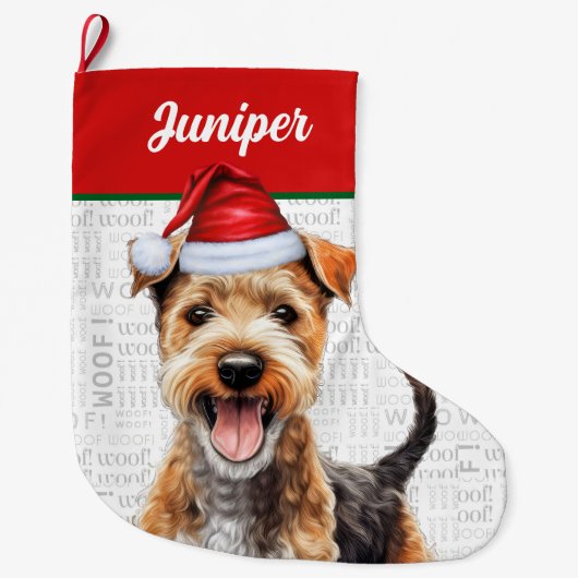Kerst Lakeland Terrier Naam Woof Achtergrond Grote Kerstsok (Voorkant)