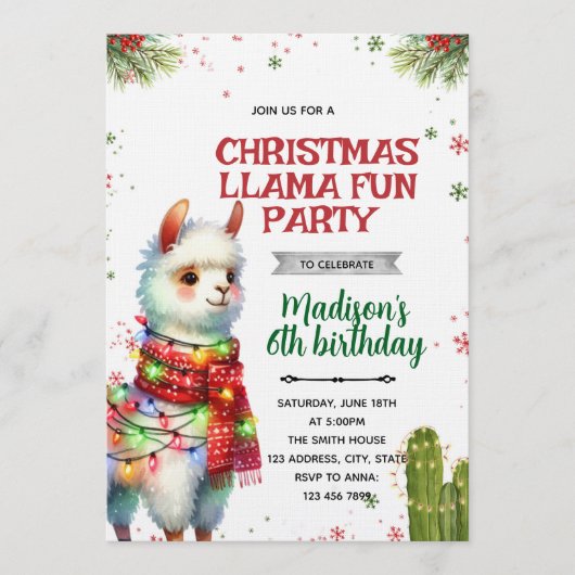 Kerst Lama Verjaardagsuitnodiging Kaart (Voorkant)