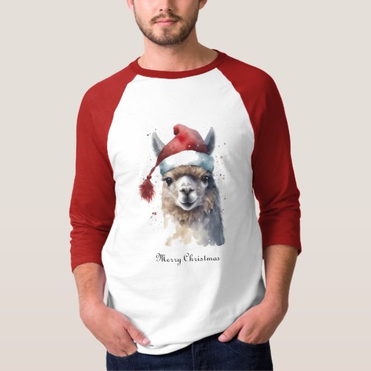 Kerst Lama Waterverf Kerstmannenhoed Aangepaste Te T-shirt (Voorkant)