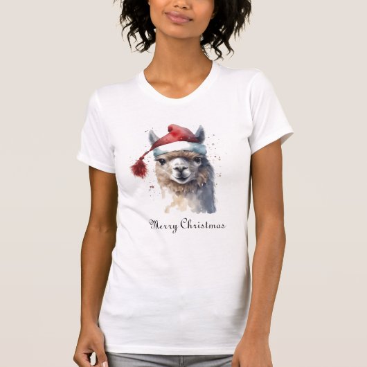 Kerst Lama Waterverf Kerstmannenhoed Aangepaste Te T-shirt (Voorkant)