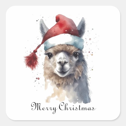 Kerst Lama Waterverf Kerstmannenhoed Aangepaste Te Vierkante Sticker (Voorkant)