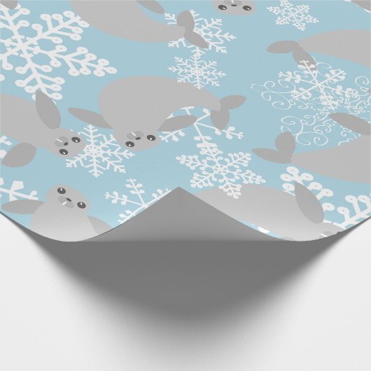 Kerst lamantijn Winter Blauwe sneeuwvlokken Cadeaupapier (Hoek)