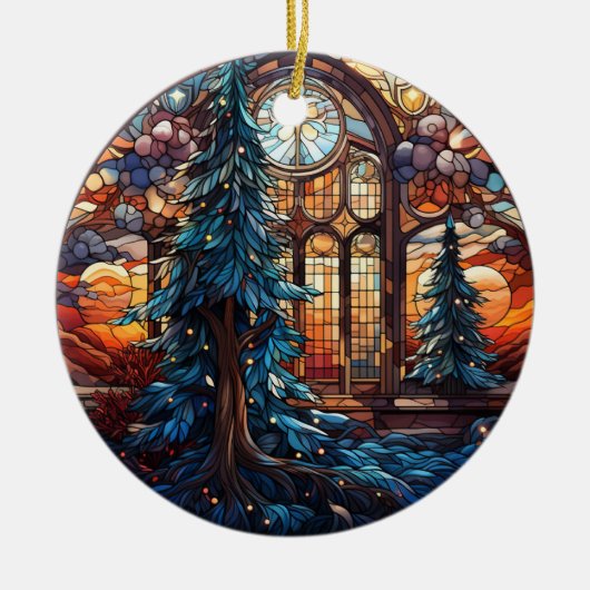 Kerst Landschap gebrandschilderd glas stijl Keramisch Ornament (Voorkant)
