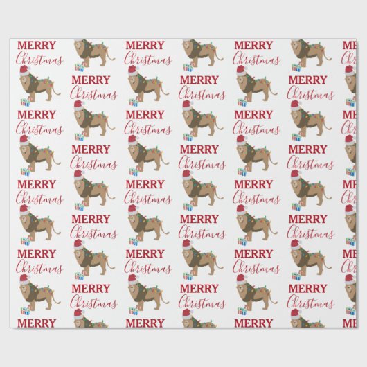 Kerst Leeuw Grappig Dier met Santa Hat Cadeaupapier (Vlak)