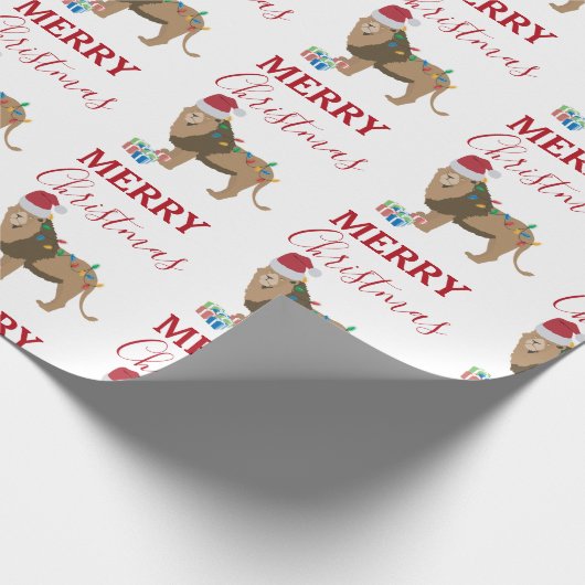 Kerst Leeuw Grappig Dier met Santa Hat Cadeaupapier (Hoek)