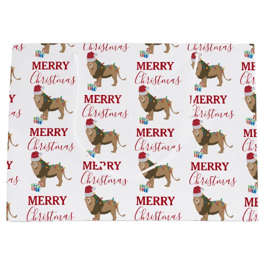 Kerst Leeuw Grappig Dier met Santa Hat Groot Cadeauzakje (Voorkant)