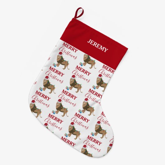 Kerst Leeuw Grappig Dier met Santa Hat Grote Kerstsok (Voorkant (Hangend))