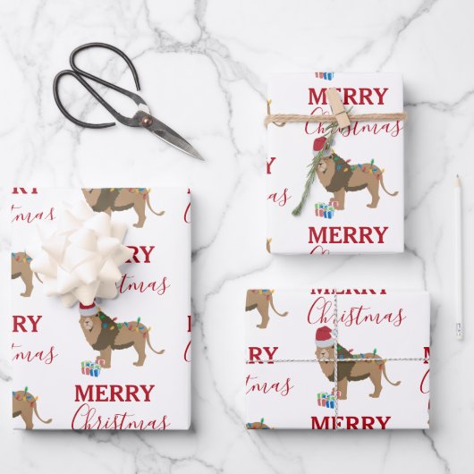 Kerst Leeuw Grappig Dier met Santa Hat Inpakpapier Vel (Voorkant)