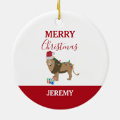 Kerst Leeuw Grappig Dier met Santa Hat Keramisch Ornament (Achterkant)
