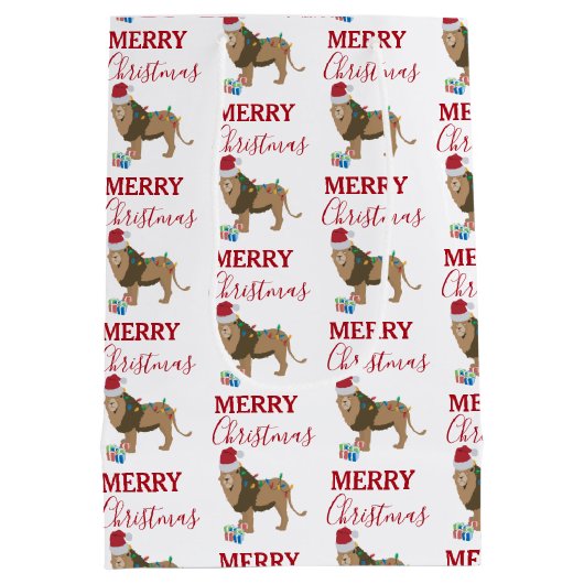 Kerst Leeuw Grappig Dier met Santa Hat Medium Cadeauzakje (Achterkant)