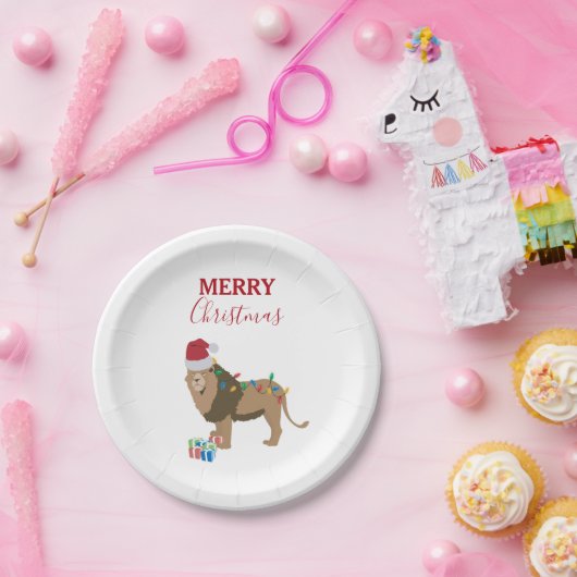 Kerst Leeuw Grappig Dier met Santa Hat Papieren Bordje (Feest)