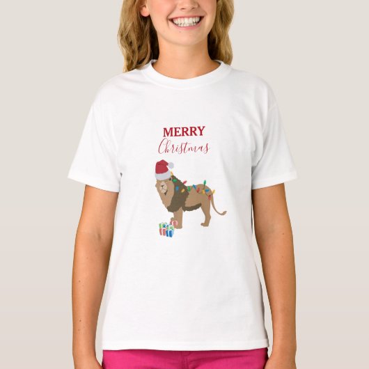 Kerst Leeuw Grappige Dieren met Santa Hat T-shirt (Voorkant)