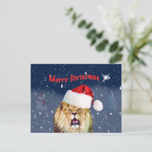 Kerst, Leeuw in Santa Hat, Ster, Sneeuw Briefkaart (Staand voorkant)