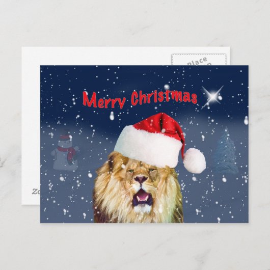 Kerst, Leeuw in Santa Hat, Ster, Sneeuw Briefkaart (Voorkant / Achterkant)