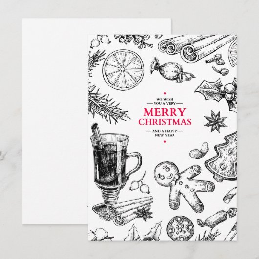 Kerst lekkernijen vintage tekening. Kerstvakantie Feestdagenkaart (Voorkant / Achterkant)
