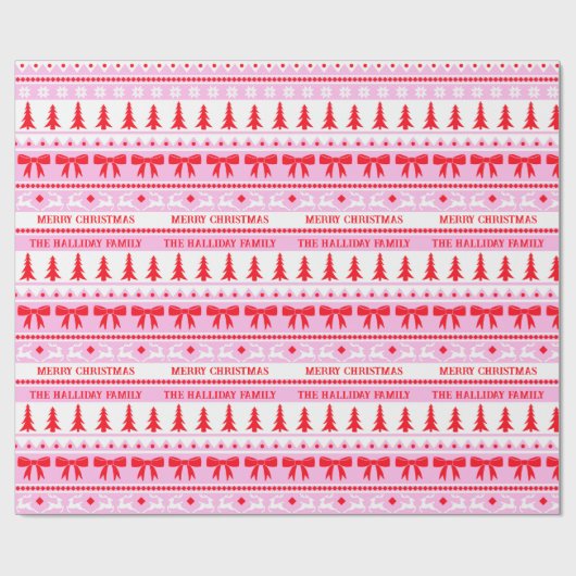 Kerst Lelijke Trui Familienaam Roze & Rood Cadeaupapier (Vlak)