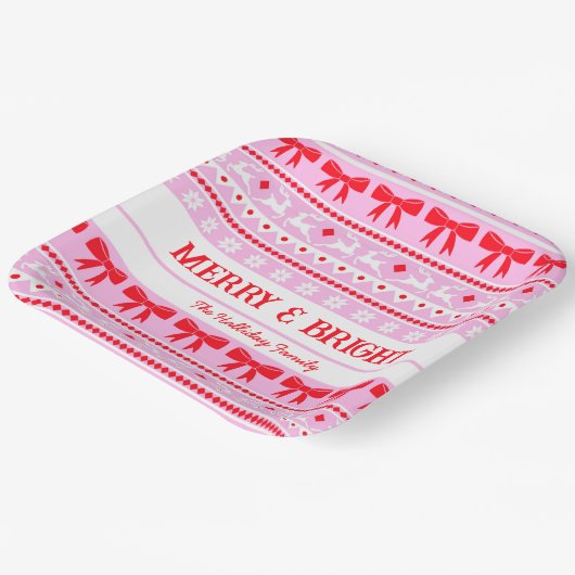 Kerst Lelijke Trui Familienaam Roze & Rood Papieren Bordje (Gebogen)