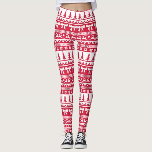 Kerst Lelijke Trui Gebreid Patroon in Rood & Wit Leggings (Voorkant)