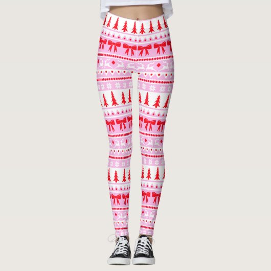 Kerst Lelijke Trui Gebreid Patroon in Roze & Rood Leggings (Voorkant)