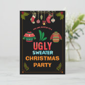 Kerst Licht Lelijk Sweater Party Zwart Thema Kaart (Staand voorkant)