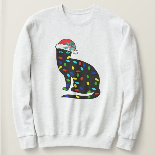 Kerst Lichten Sweatshirt, Speelse Kat Kleurrijk Trui (Design voorkant)