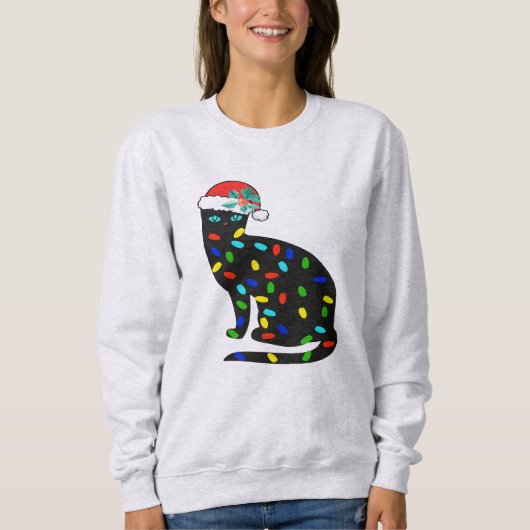 Kerst Lichten Sweatshirt, Speelse Kat Kleurrijk Trui (Voorkant)