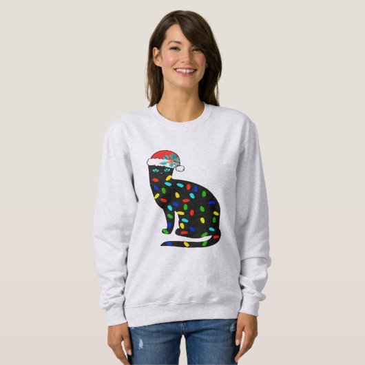 Kerst Lichten Sweatshirt, Speelse Kat Kleurrijk Trui (Voorkant volledig)