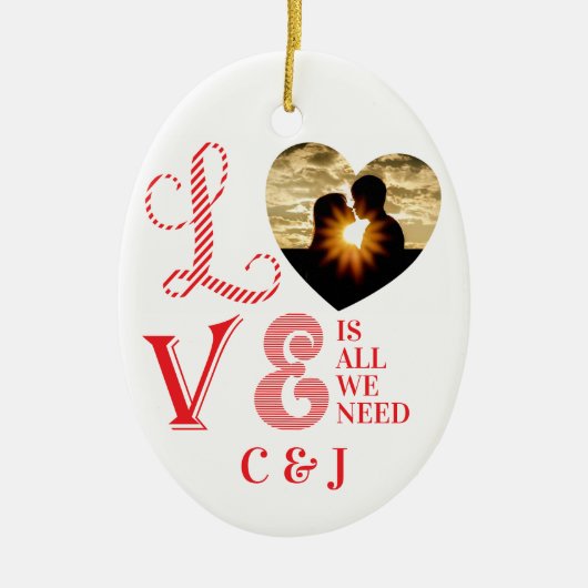 Kerst Liefde Hart Rood Familie Aangepaste Foto Keramisch Ornament (Voorkant)