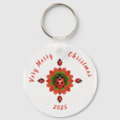 Kerst Lieveheersbeestje Rood Groen Wit Rond Sleutelhanger (Voorkant)