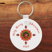 Kerst Lieveheersbeestje Rood Groen Wit Rond Sleutelhanger (Voorkant)