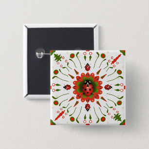 Kerst Lieveheersbeestje Rood Wit Groen Handgeteken Vierkante Button 5,1 Cm