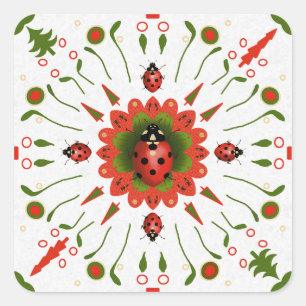 Kerst Lieveheersbeestje Rood Wit Groen Handgeteken Vierkante Sticker