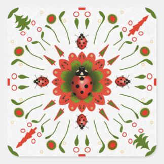 Kerst Lieveheersbeestje Rood Wit Groen Handgeteken Vierkante Sticker