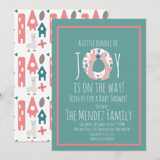 Kerst Llama Baby Shower Krans Joy Bundel Kaart (Voorkant / Achterkant)