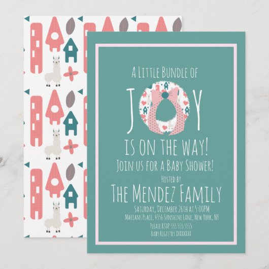 Kerst Llama Baby Shower Krans Joy Bundel Kaart (Voorkant / Achterkant)