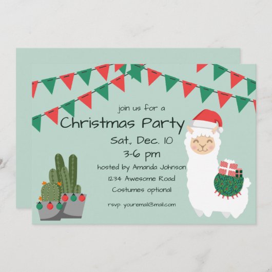 Kerst Llama Party Uitnodiging (Voorkant / Achterkant)