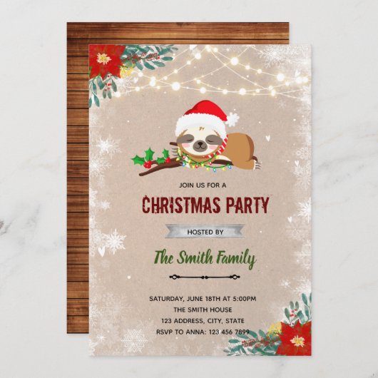 Kerst luiaard uitnodiging (Voorkant / Achterkant)