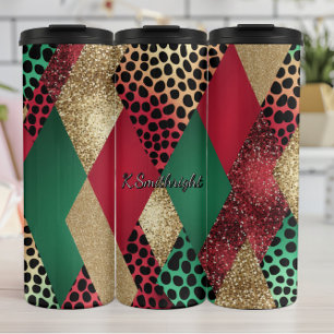 Kerst Luipaard Glitter Patchwork Ontwerp Thermosbeker