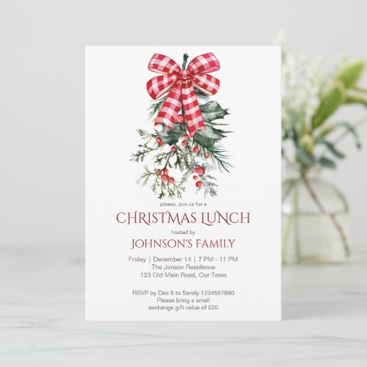 Kerst lunch rode strik dennen kaart (Staand voorkant)