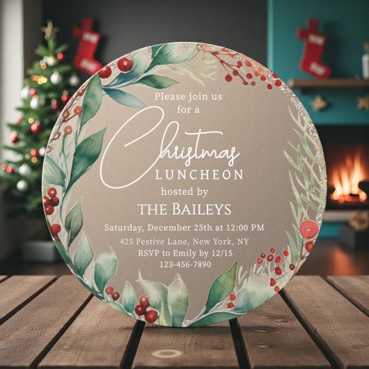 Kerst Luncheon Glitter Winter Bloemenkrans Kaart