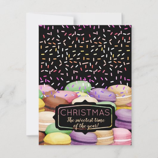 Kerst macaroon koekje strooit naar bakken van feestdagenkaart (Voorkant)