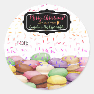 Kerst macaroon koekje strooit naar bakken van ronde sticker