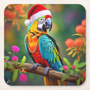 Kerst Macaw Dearing A Santa Hat-56485 Kartonnen Onderzetters