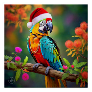 Kerst Macaw Dearing A Santa Hat-56485 Perfect Poster
