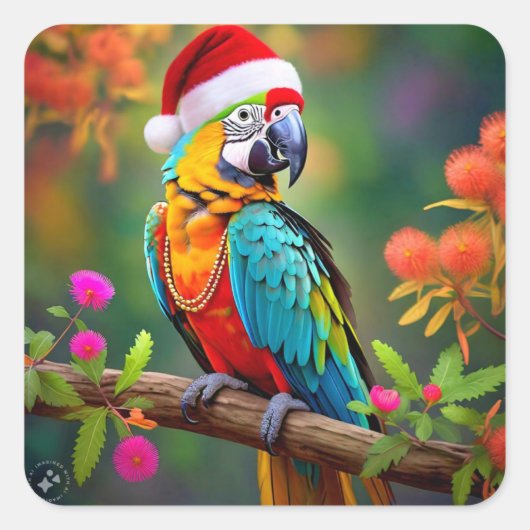 Kerst Macaw Dearing A Santa Hat-56485 Vierkante Sticker (Voorkant)