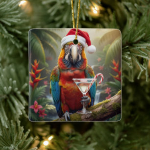 Kerst Macaw Papegaai Met Martini Cocktail Keramisch Ornament