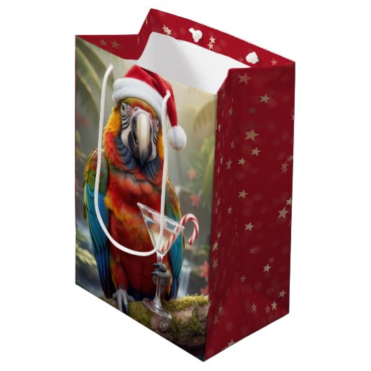 Kerst Macaw Papegaai Met Martini Cocktail Medium Cadeauzakje (Voorkant Gekanteld)