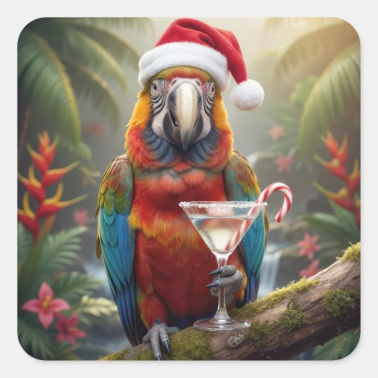 Kerst Macaw Papegaai Met Martini Cocktail Vierkante Sticker (Voorkant)