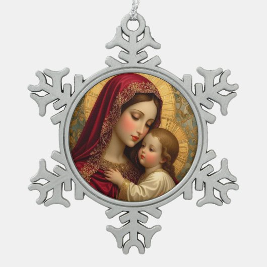 Kerst Madonna en Kind Tin Sneeuwvlok Ornament (Voorkant)